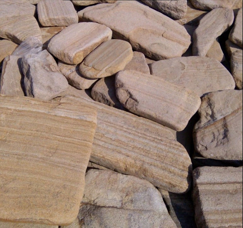 Kamenclub.ru: Песчаник пластушка галтованный желтый с рисунком (3 см)  купить в Санкт-Петербурге плитняк - пластушка желтый песчаник 21000 руб/м3   фото КАМЕНЬ КЛУБ