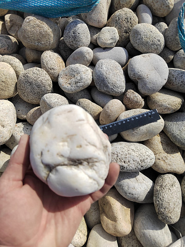 Kamenclub.ru: Галька речная окат (серо-белая) фр. 70-120 мм купить  в Санкт-Петербурге галька галечник бело-серая, серо-белая, серая, белая речная природная галька  8000 руб/т   фото КАМЕНЬ КЛУБ